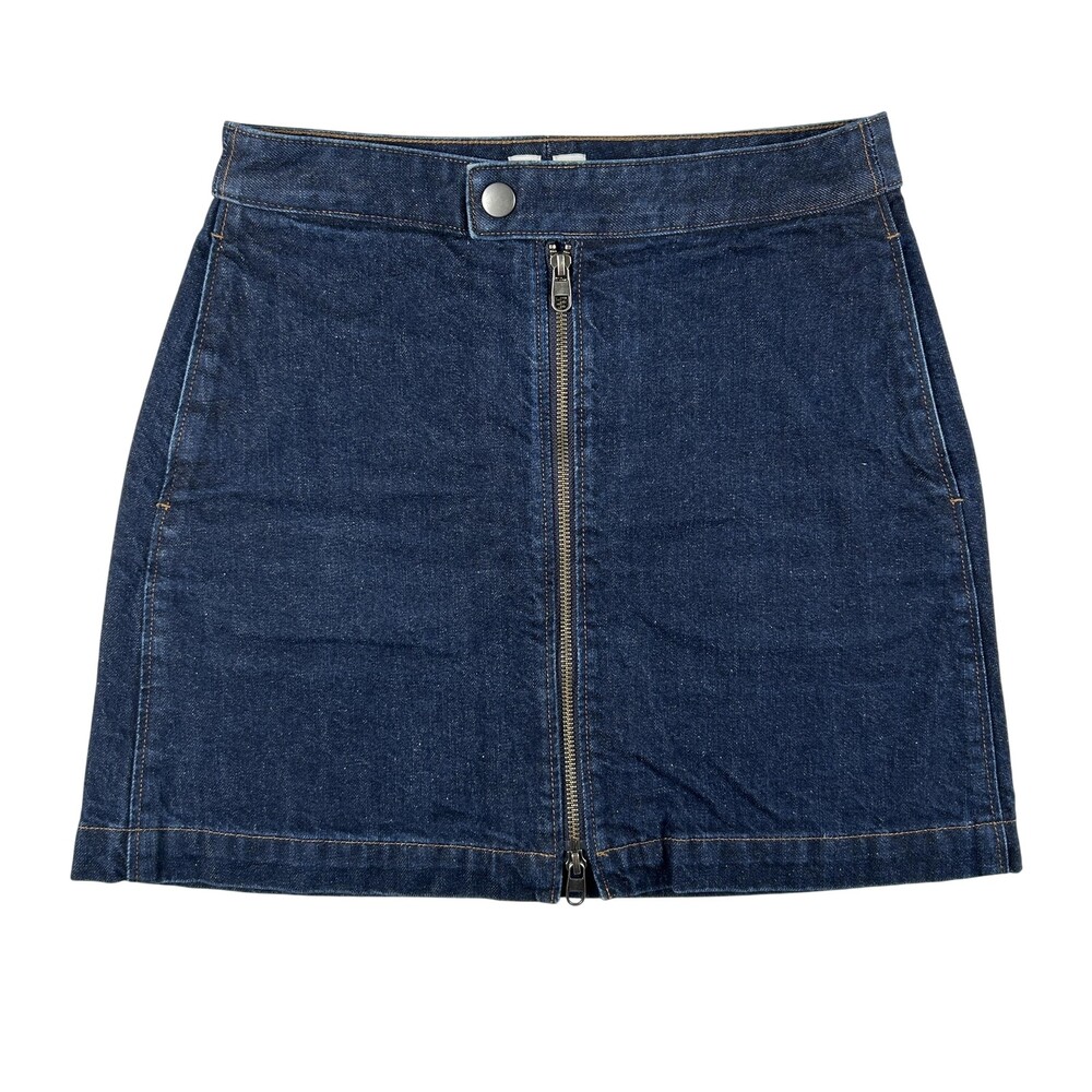 Uniqlo U Denim Skirt Womens 2 Blue Mini Front Zip Pockets Casual Cotton A-Line